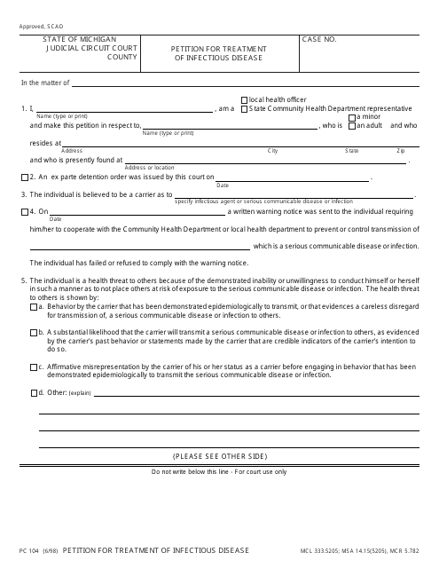 Form PC104 Petition for Treatment of Infectious Disease - Michigan