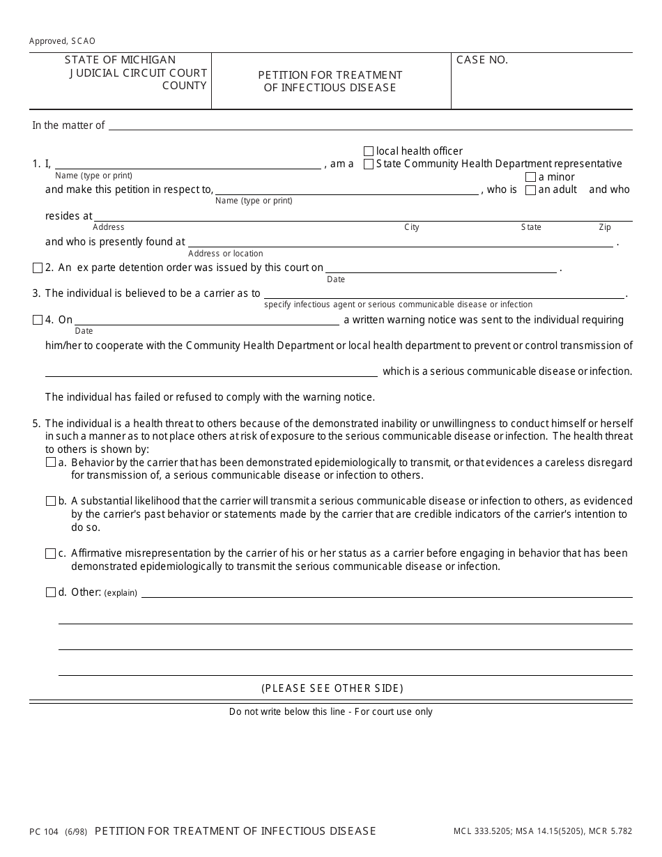 Form PC104 Petition for Treatment of Infectious Disease - Michigan, Page 1