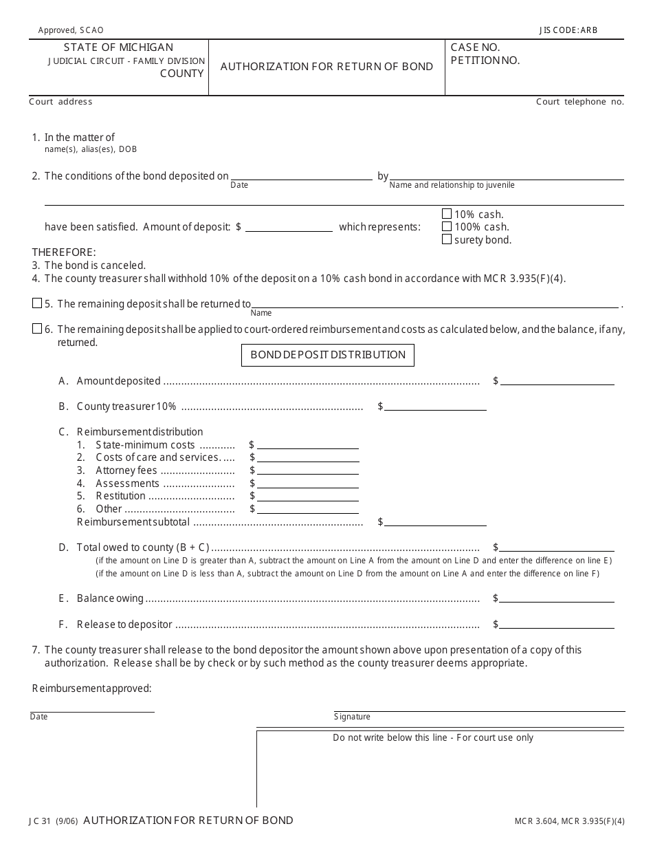 Form JC31 Authorization for Return of Bond - Michigan, Page 1