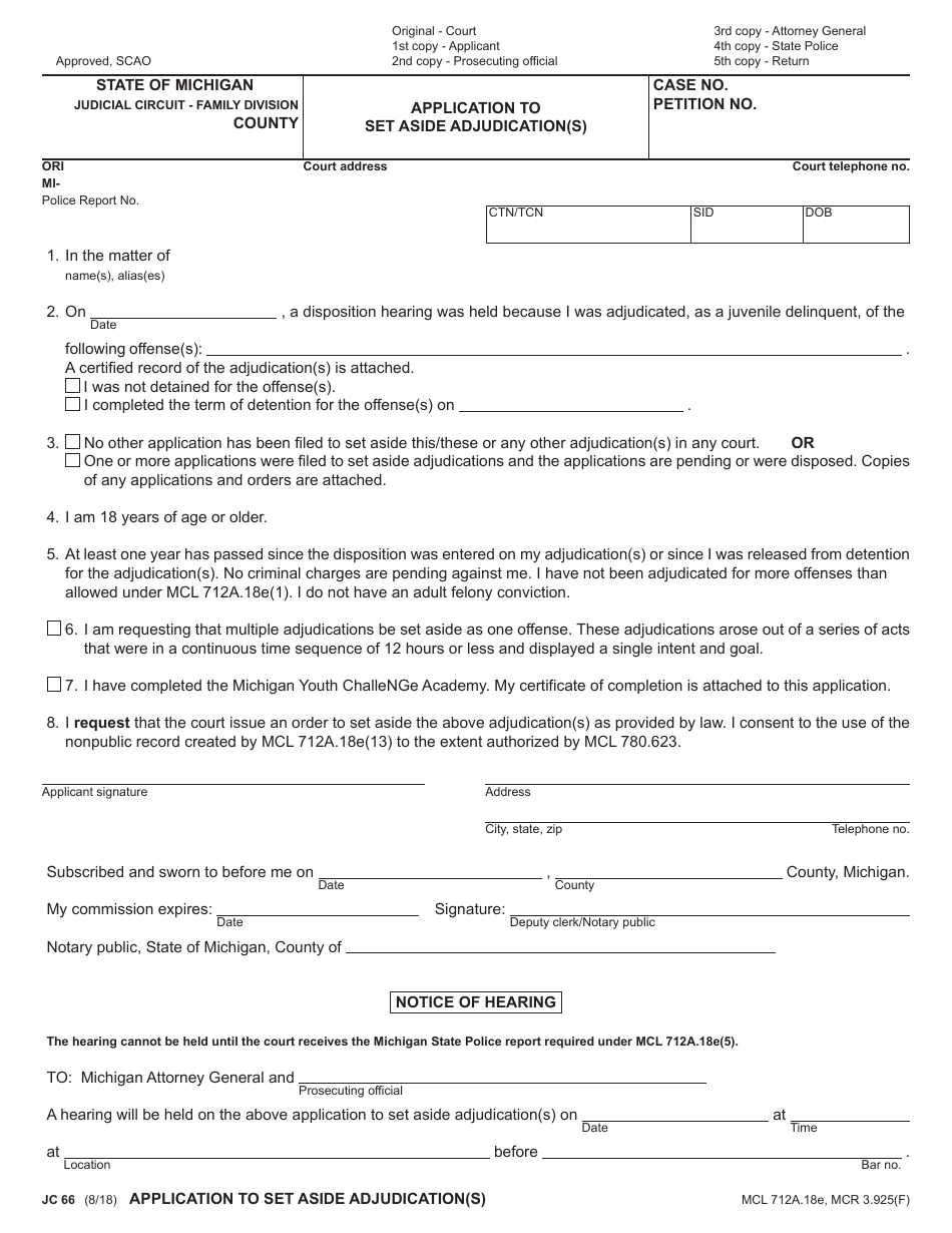 Form JC66 Application to Set Aside Adjudication(S) - Michigan, Page 1