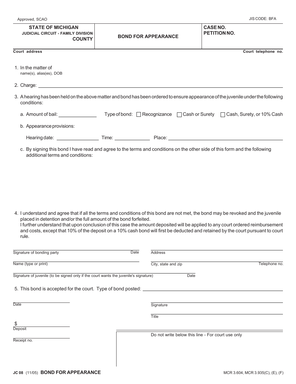 Form JC08 Bond for Appearance - Michigan, Page 1