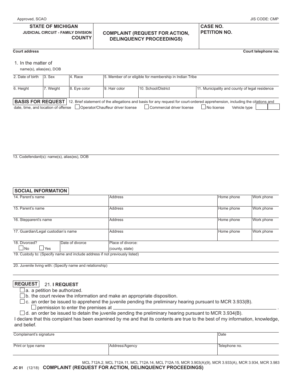 Form JC01 Complaint (Request for Action, Delinquency Proceedings) - Michigan, Page 1