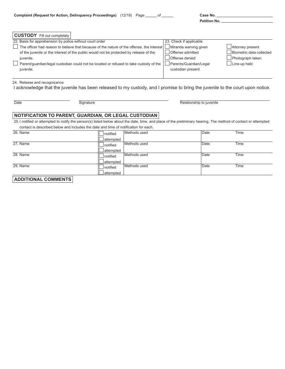Form JC01 Complaint (Request for Action, Delinquency Proceedings) - Michigan, Page 2
