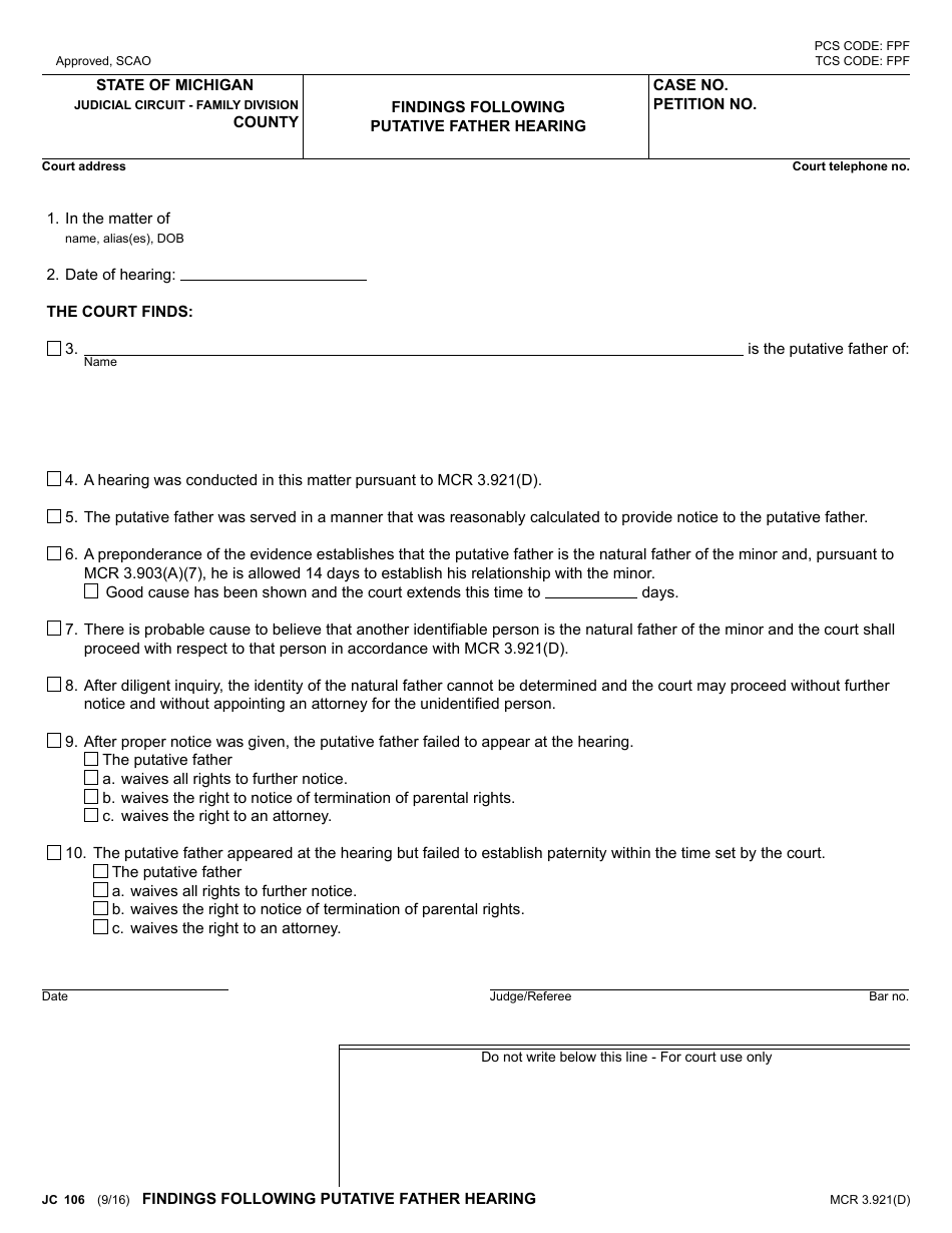 Form JC106 Findings Following Putative Father Hearing - Michigan, Page 1