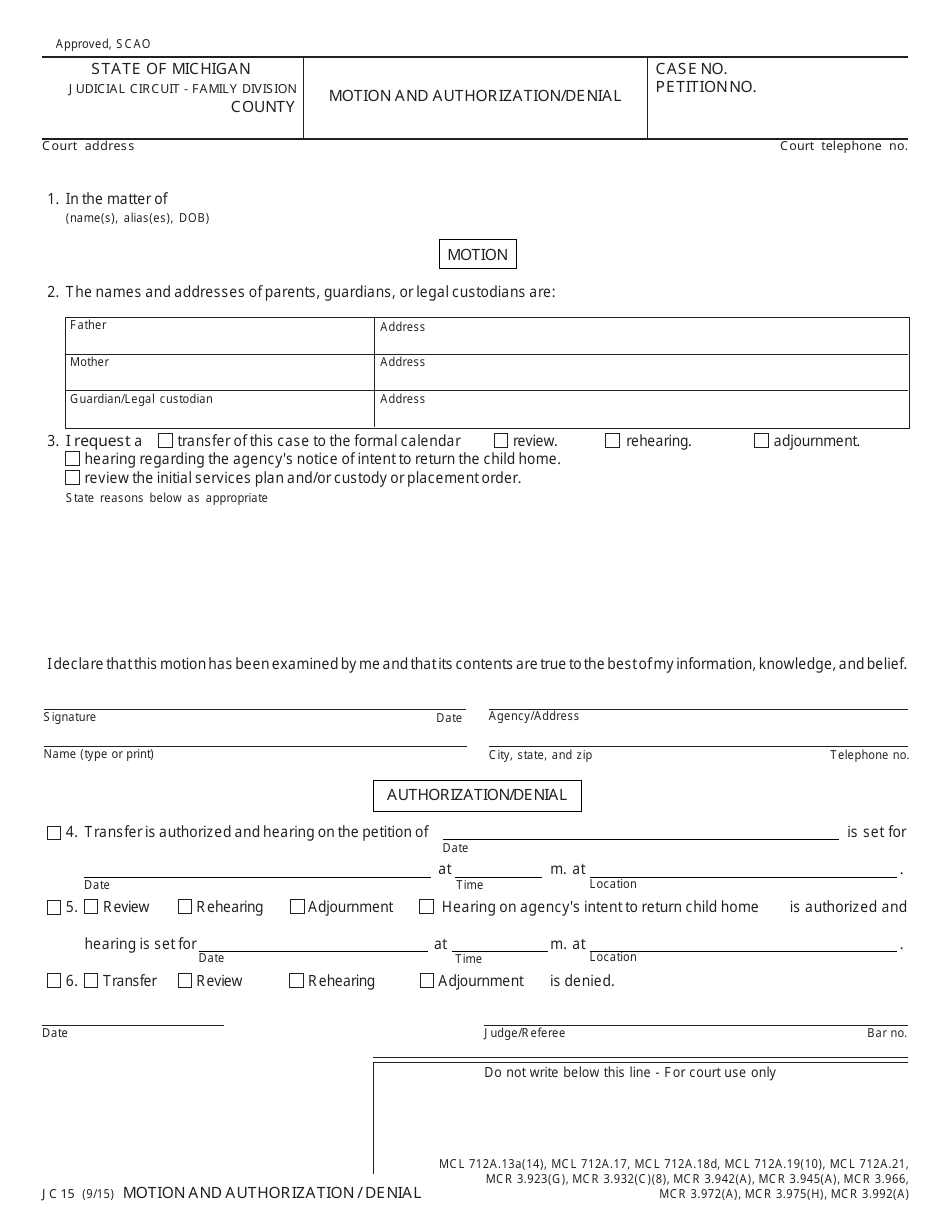 Form JC15 Motion and Authorization / Denial - Michigan, Page 1