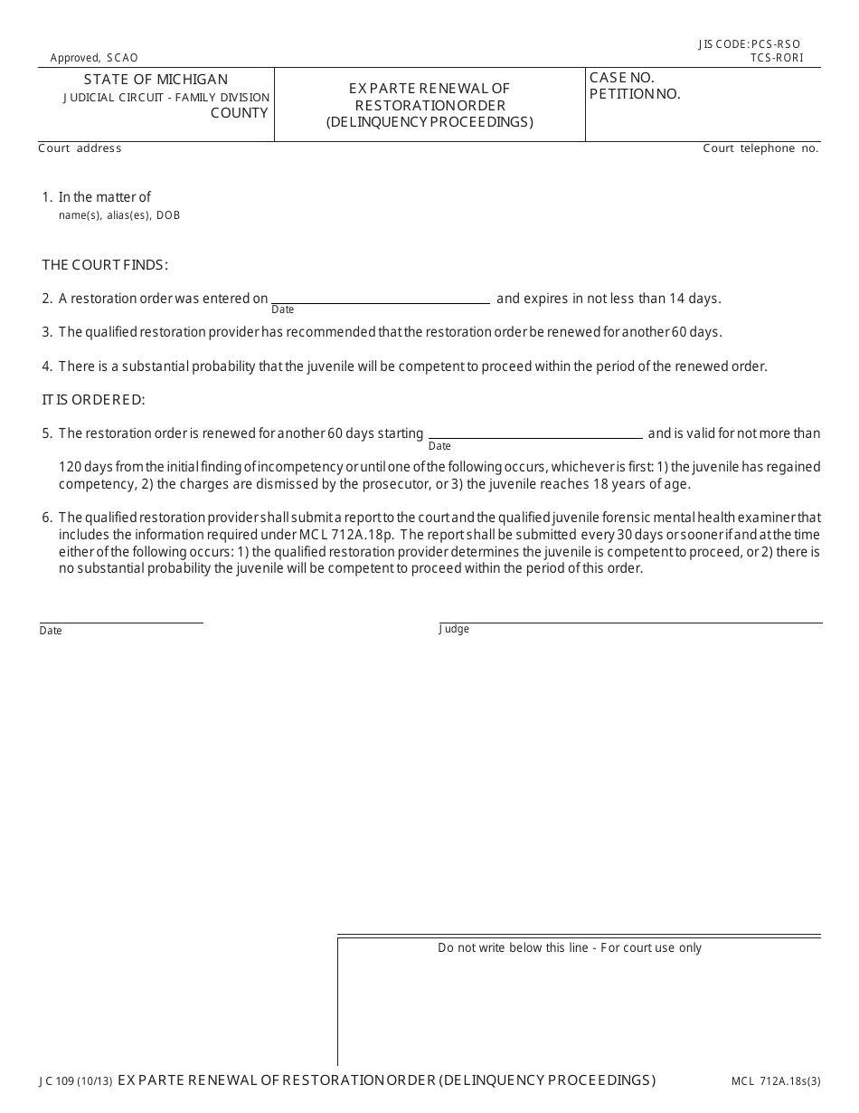 Form JC109 Ex Parte Renewal of Restoration Order (Delinquency Proceedings) - Michigan, Page 1
