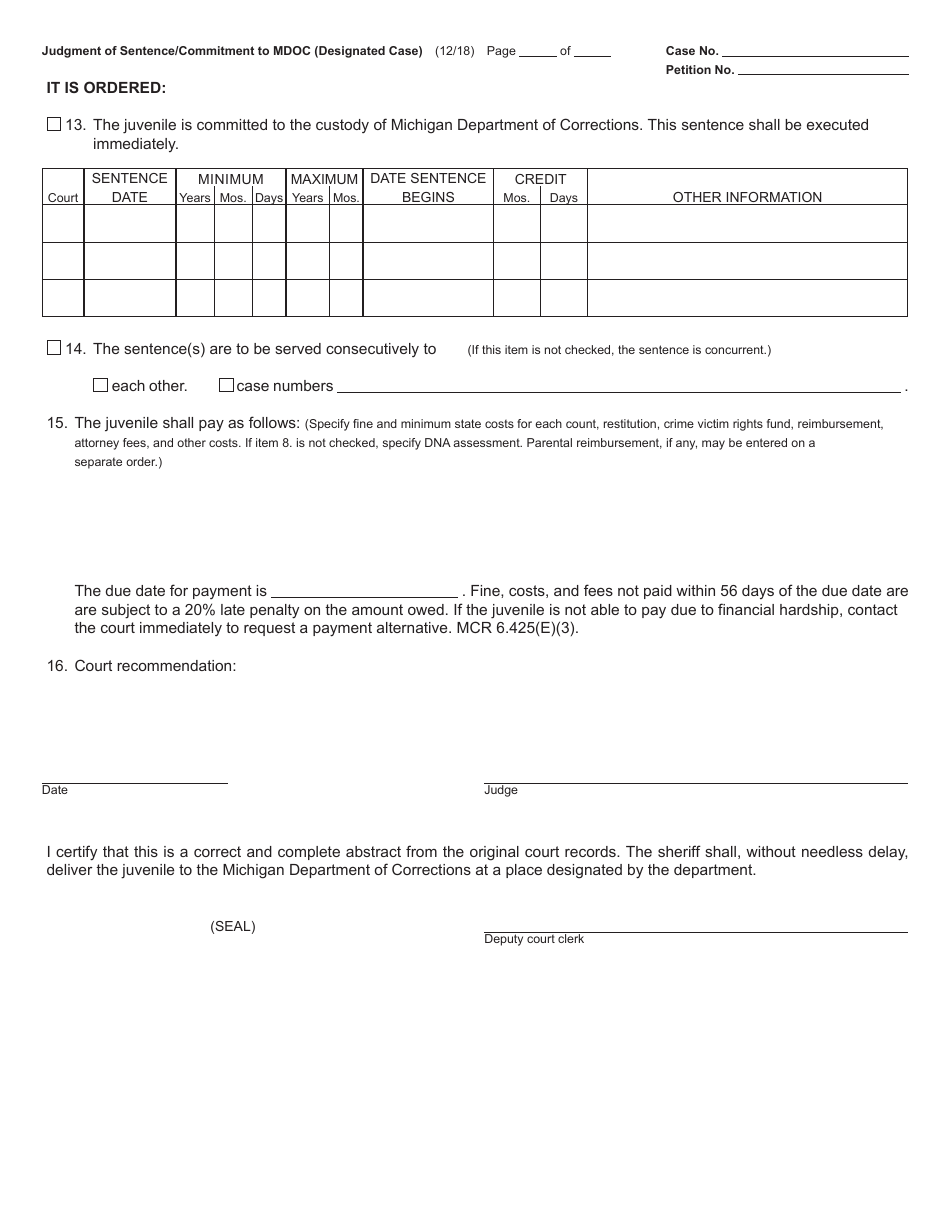 Form JC72 Judgment of Sentence / Commitment to Department of Corrections (Designated Case) - Michigan, Page 2