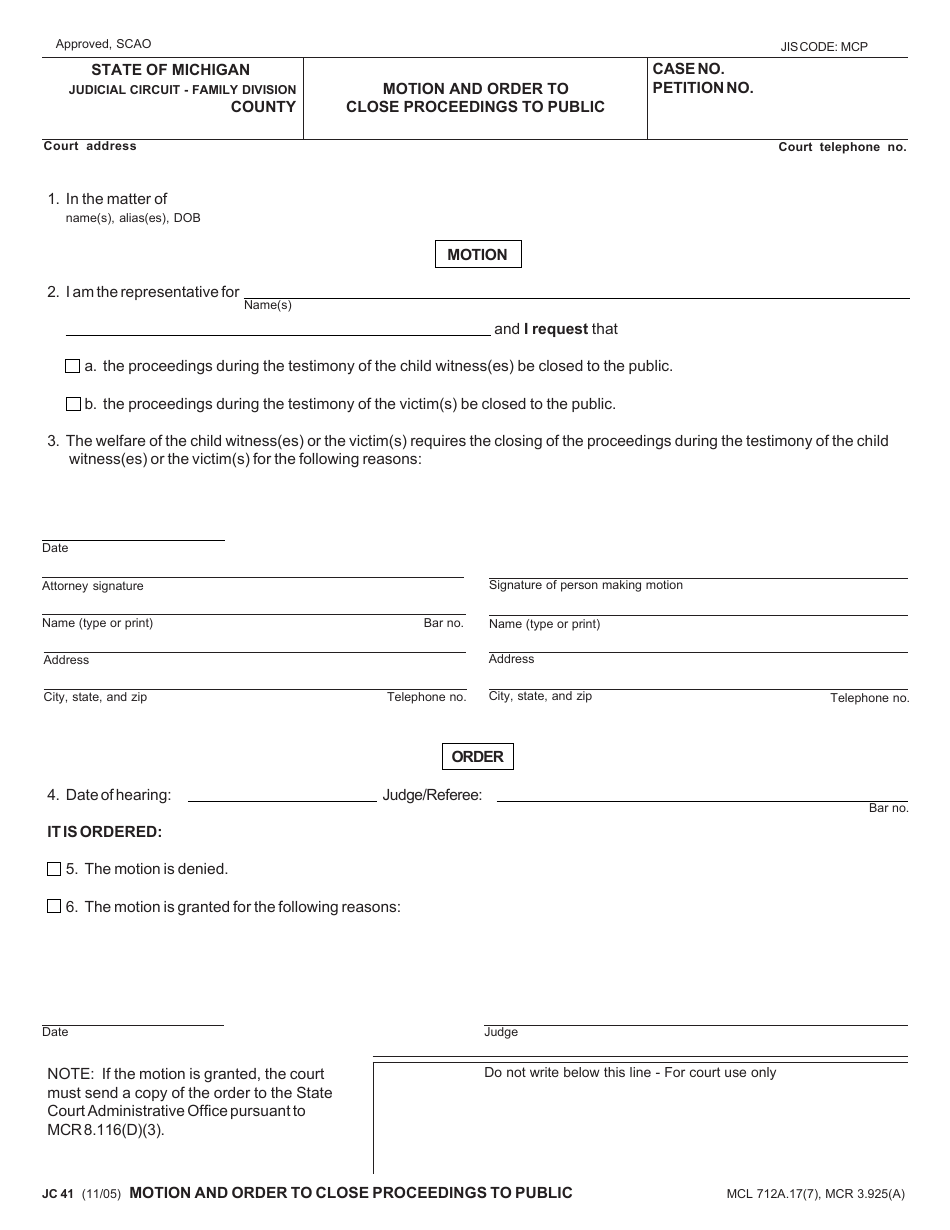 Form JC41 Download Fillable PDF or Fill Online Motion and Order to ...