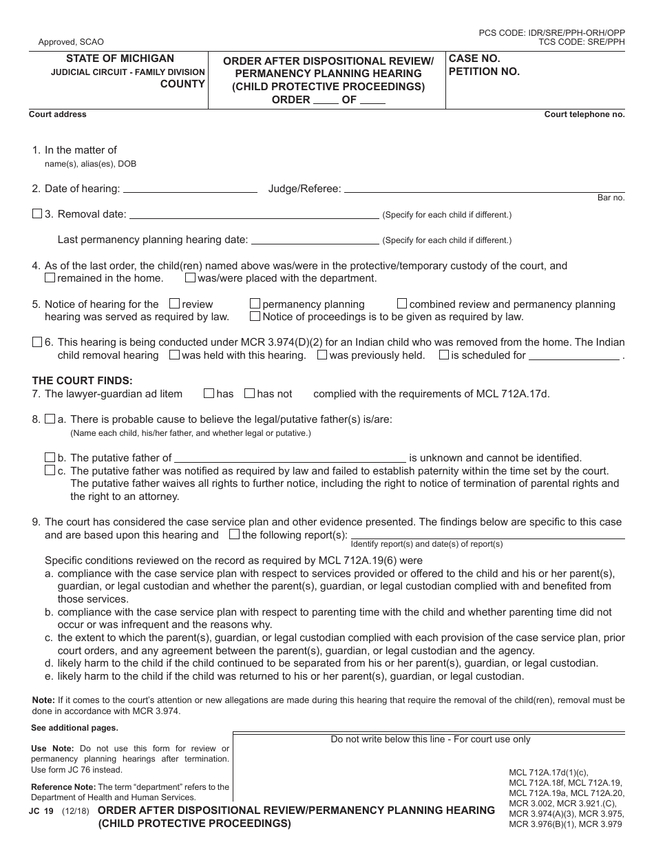 Form JC19 Order After Dispositional Review / Permanency Planning Hearing (Child Protective Proceedings) - Michigan, Page 1