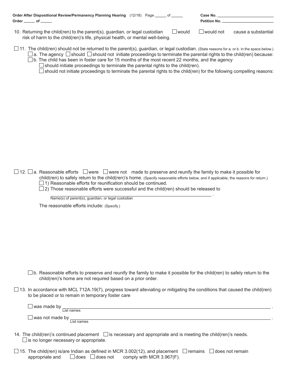 Form JC19 Order After Dispositional Review / Permanency Planning Hearing (Child Protective Proceedings) - Michigan, Page 2