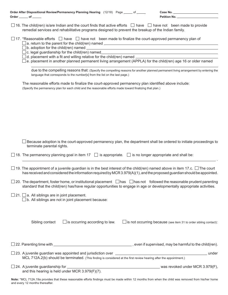 Form JC19 Order After Dispositional Review / Permanency Planning Hearing (Child Protective Proceedings) - Michigan, Page 3