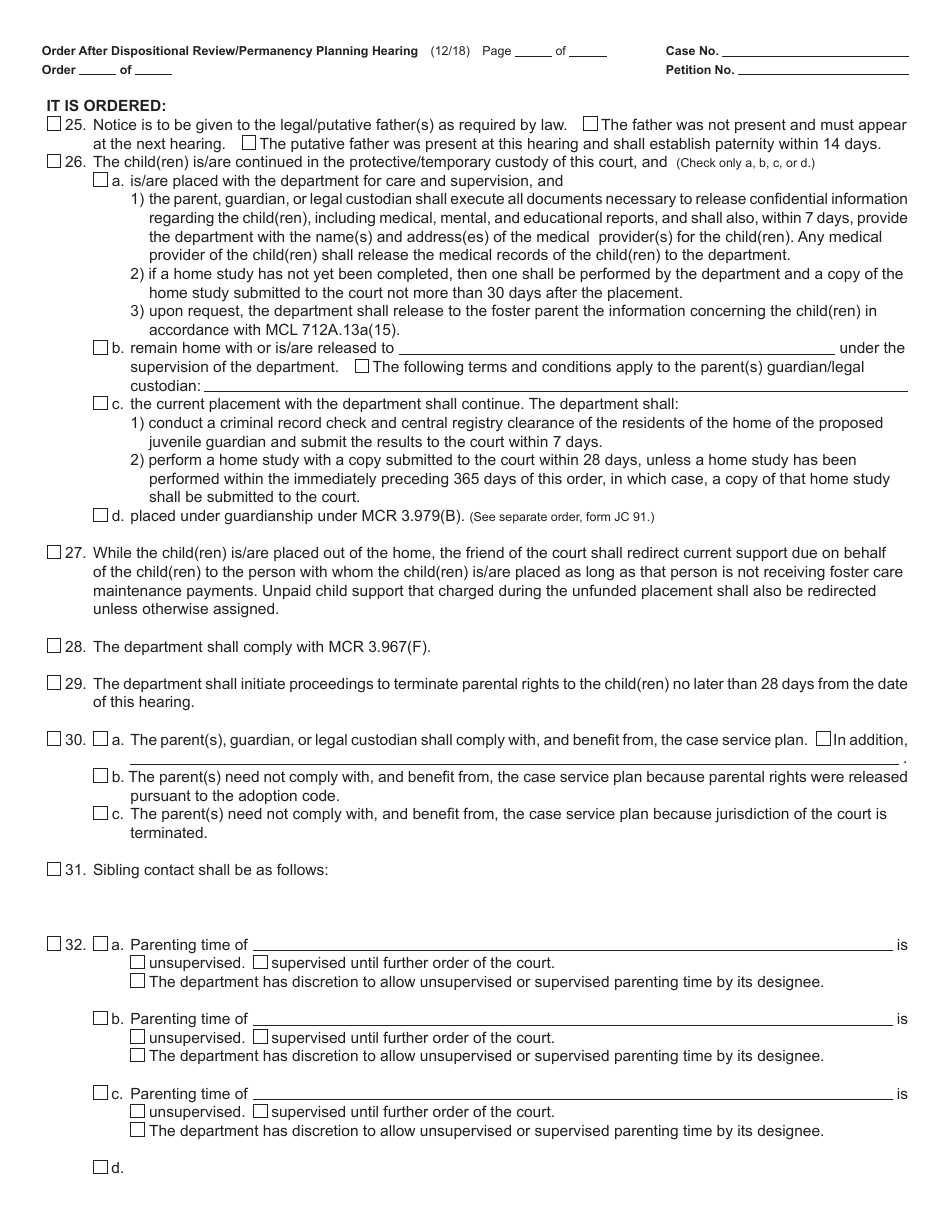 Form JC19 Order After Dispositional Review / Permanency Planning Hearing (Child Protective Proceedings) - Michigan, Page 4