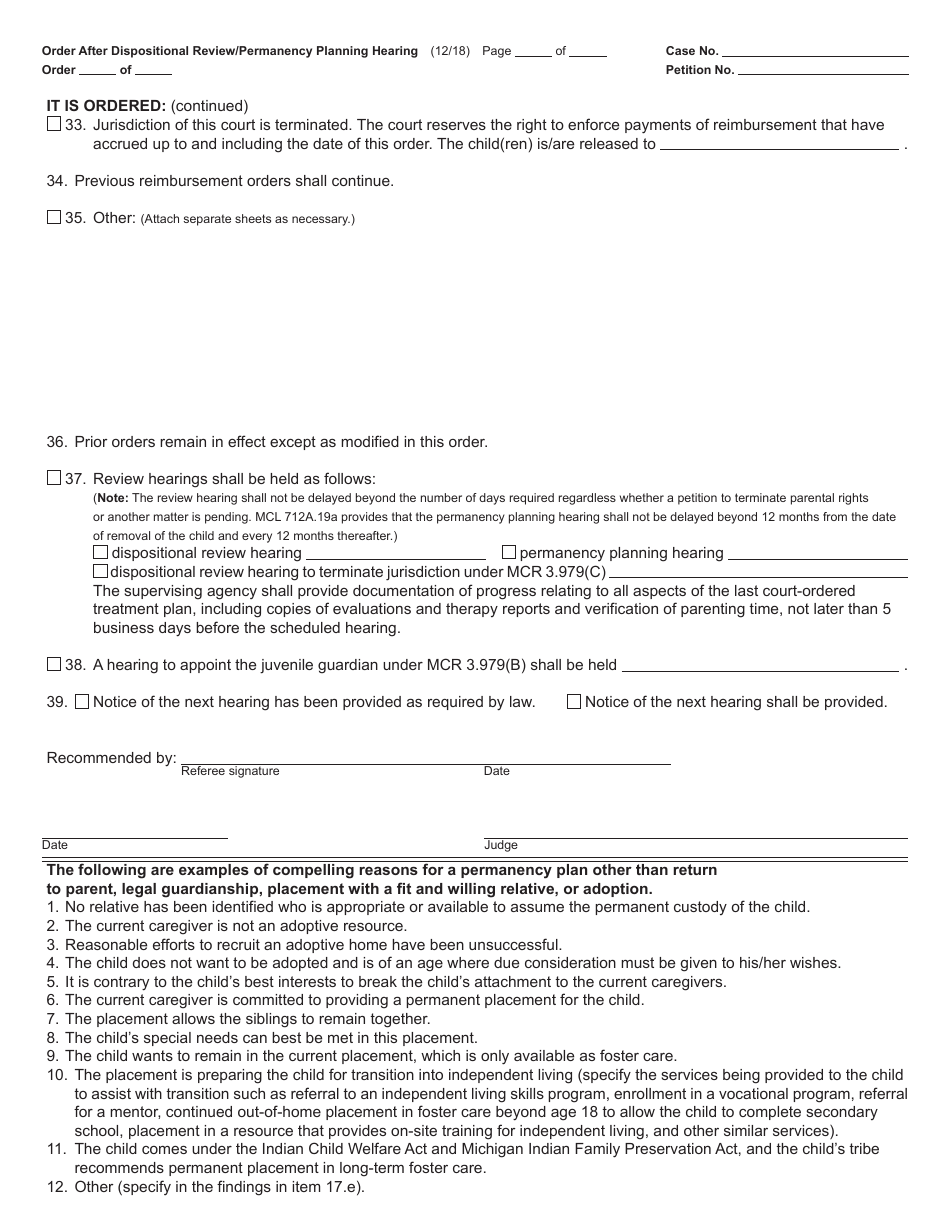 Form JC19 Order After Dispositional Review / Permanency Planning Hearing (Child Protective Proceedings) - Michigan, Page 5