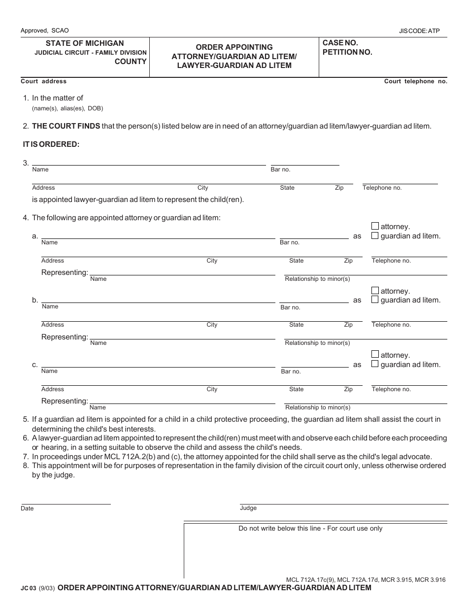 Form JC03 Order Appointing Attorney / Guardian Ad Litem / Lawyer-Guardian Ad Litem - Michigan, Page 1