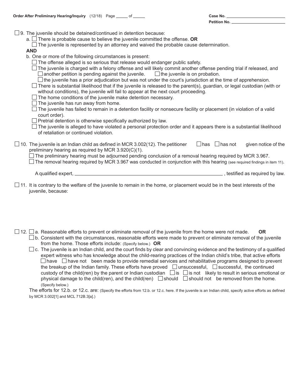 Form JC10 Order After Preliminary Hearing / Inquiry (Delinquency / Personal Protection) - Michigan, Page 2