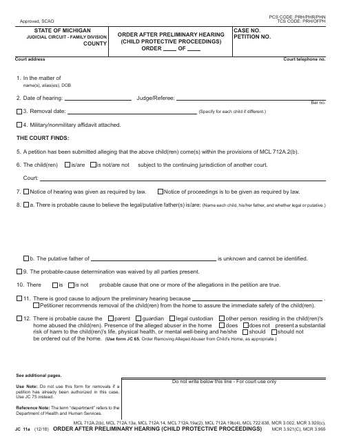Form JC11A Order After Preliminary Hearing (Child Protective Proceedings) - Michigan