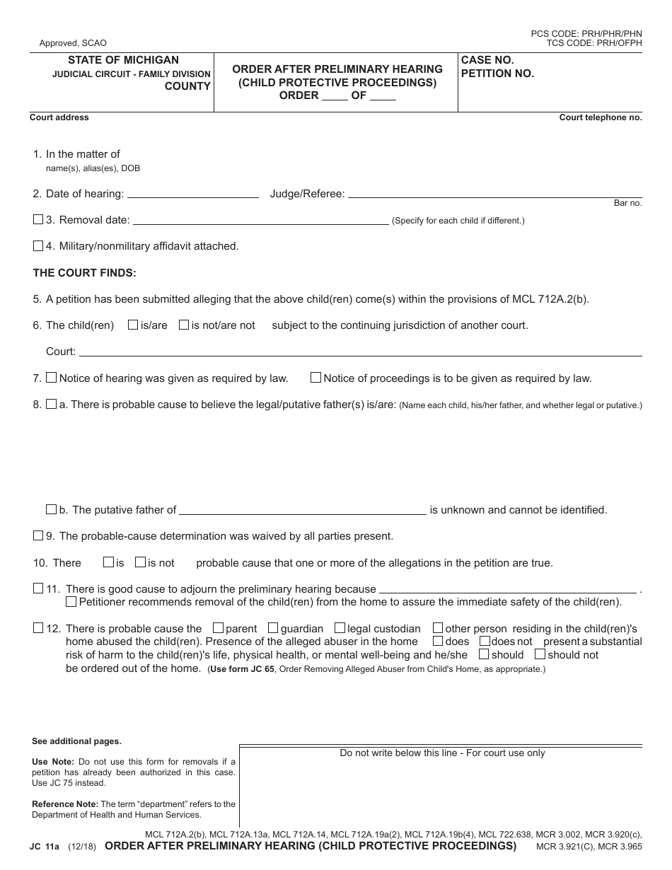 Form JC11A Order After Preliminary Hearing (Child Protective Proceedings) - Michigan, Page 1