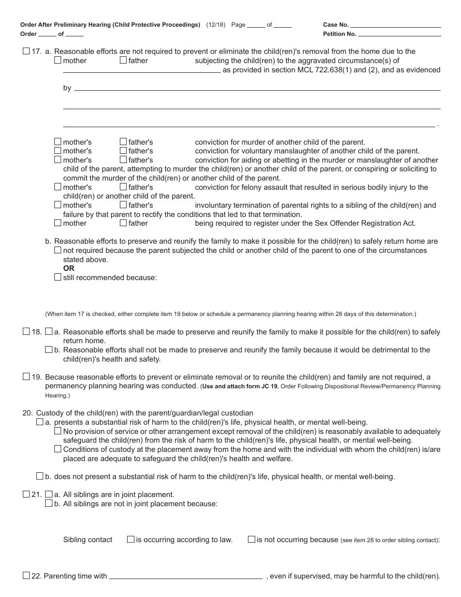 Form JC11A Order After Preliminary Hearing (Child Protective Proceedings) - Michigan, Page 3