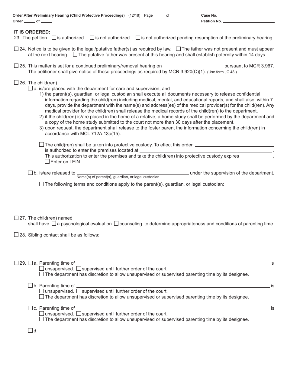 Form JC11A Order After Preliminary Hearing (Child Protective Proceedings) - Michigan, Page 4