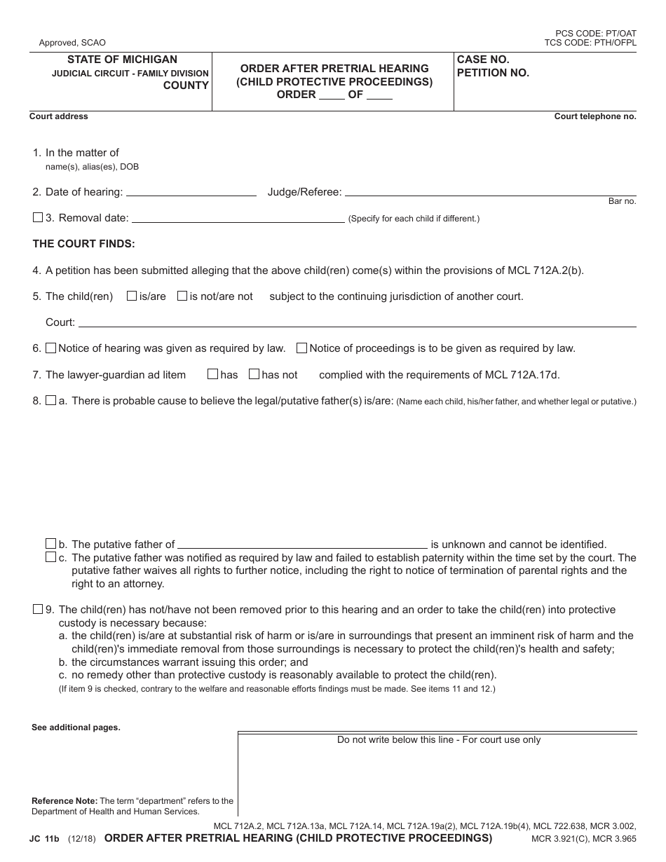Form JC11B Order After Pretrial Hearing (Child Protective Proceedings) - Michigan, Page 1