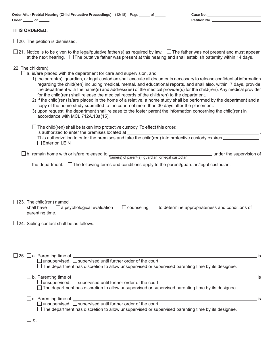 Form JC11B Order After Pretrial Hearing (Child Protective Proceedings) - Michigan, Page 4