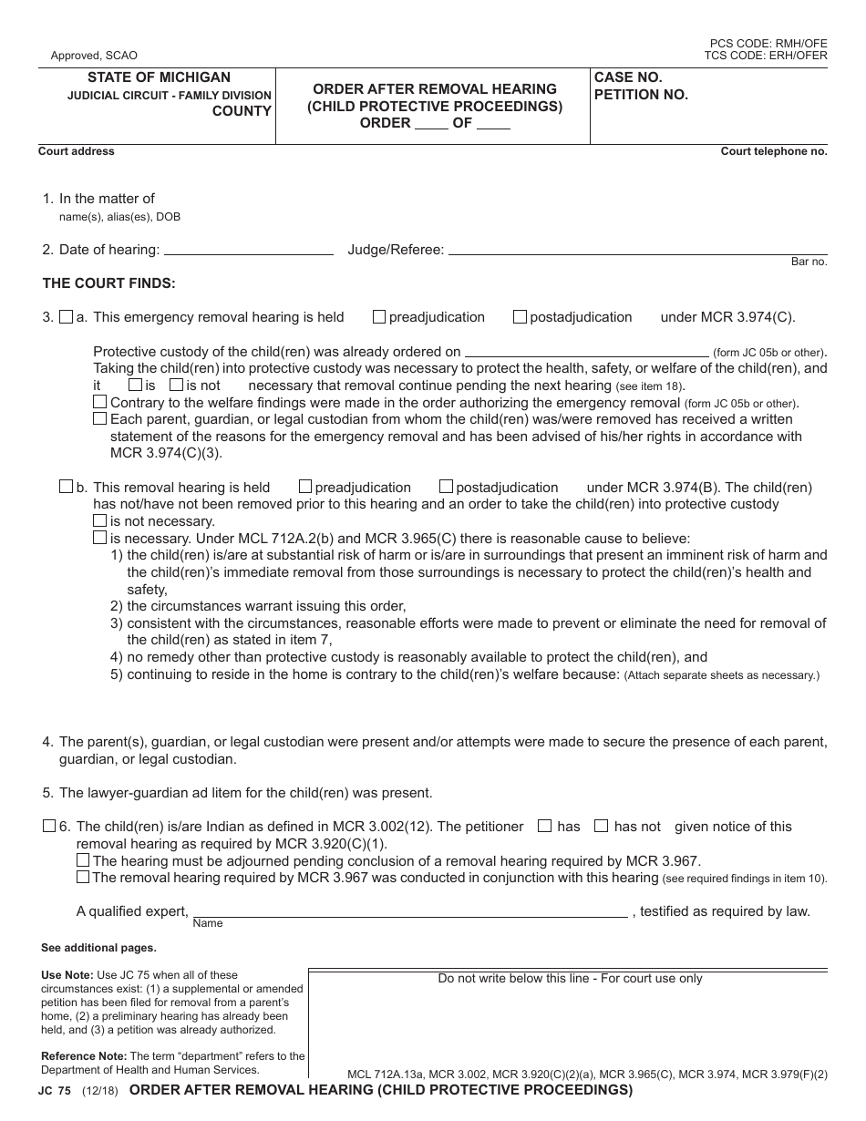 Form JC75 Order After Removal Hearing (Child Protective Proceedings) - Michigan, Page 1