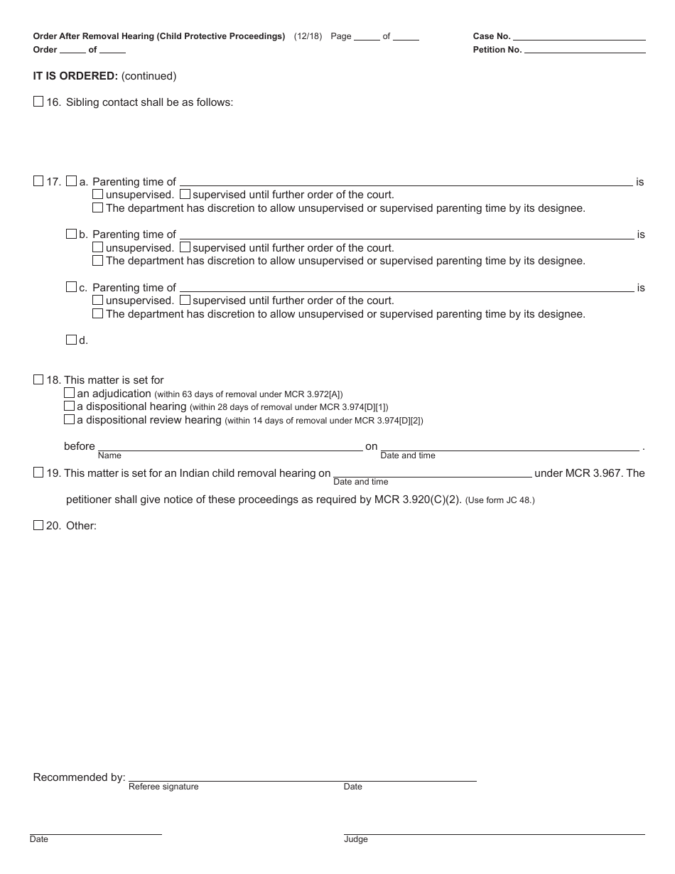 Form JC75 Order After Removal Hearing (Child Protective Proceedings) - Michigan, Page 4