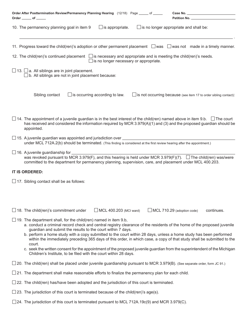 Form JC76 Order After Post Termination Review / Permanency Planning Hearing (Child Protective Proceedings) - Michigan, Page 2