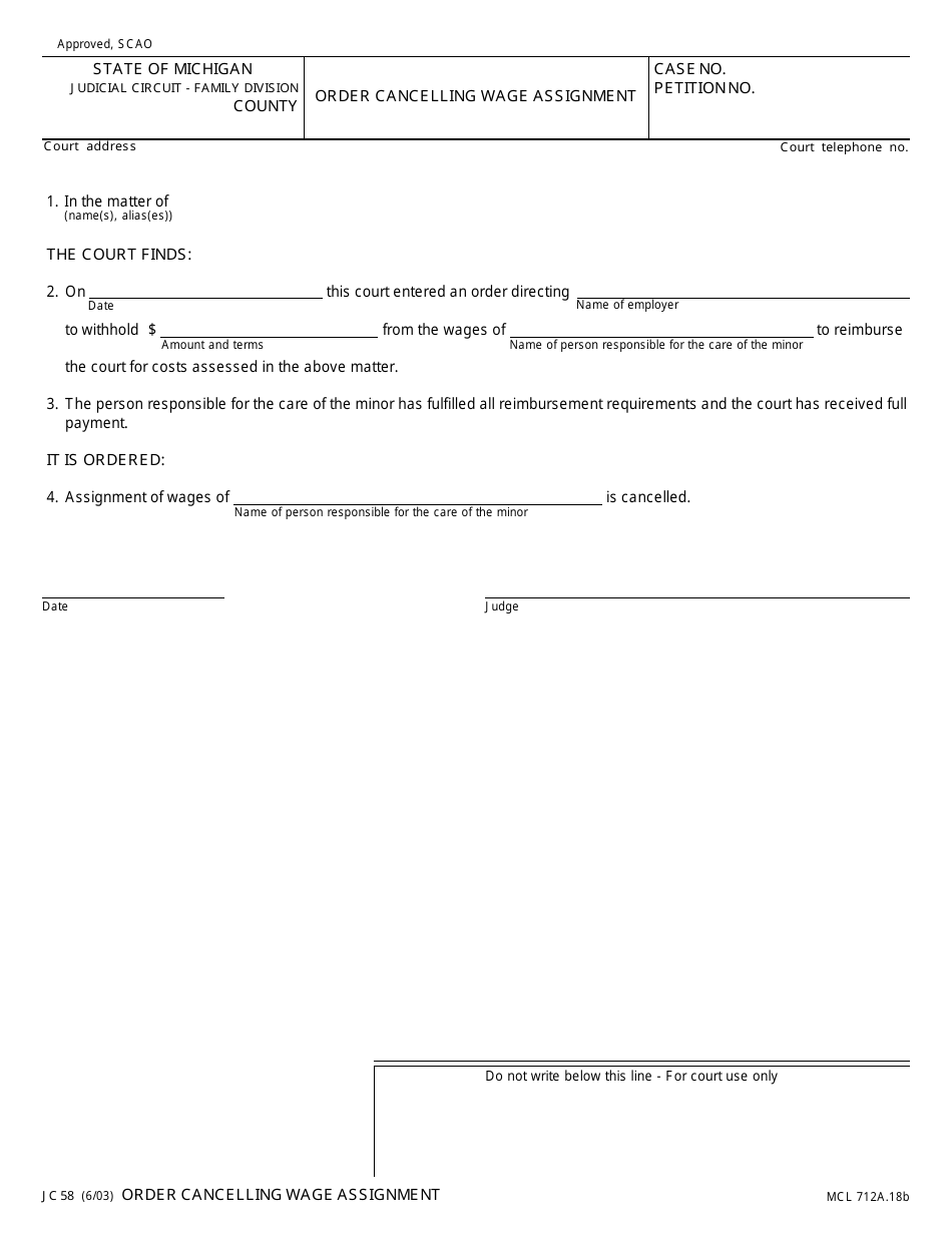 Form JC58 Order Cancelling Wage Assignment - Michigan, Page 1