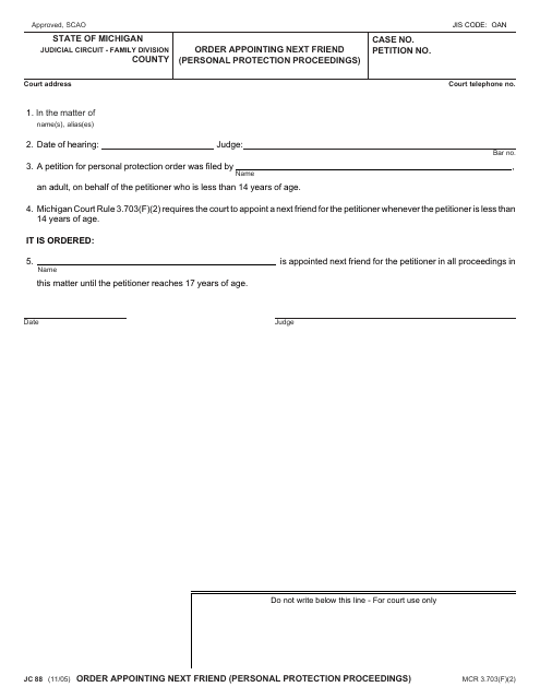 Form JC88 Order Appointing Next Friend (Personal Protection Proceedings) - Michigan