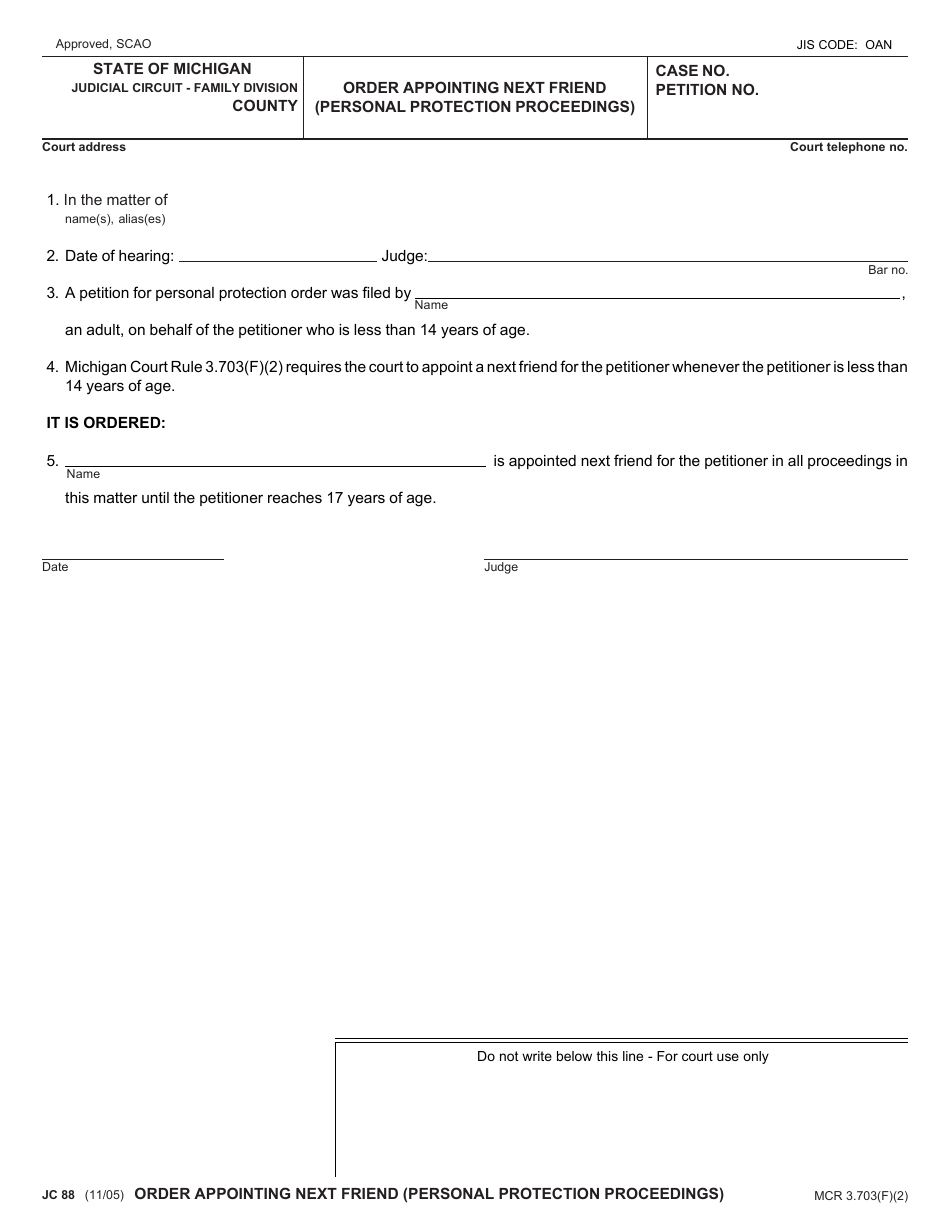 Form JC88 Order Appointing Next Friend (Personal Protection Proceedings) - Michigan, Page 1