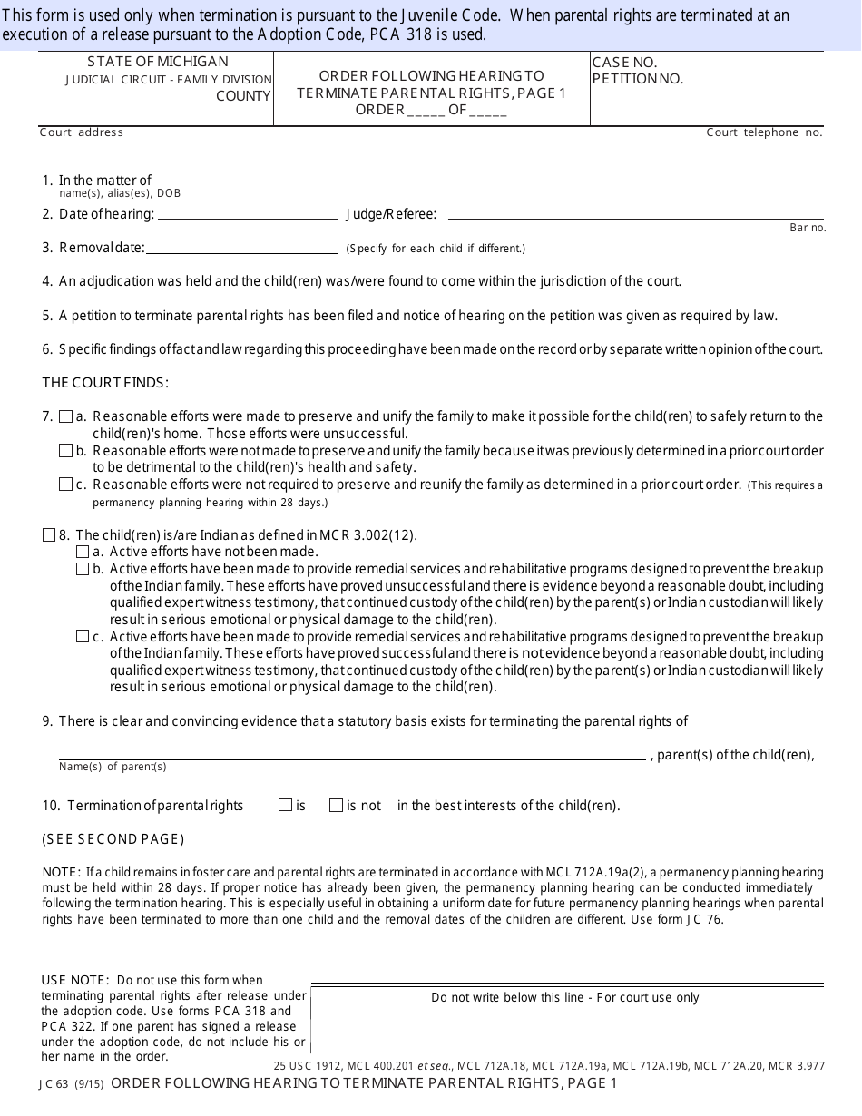 Form JC63 Order Following Hearing to Terminate Parental Rights - Michigan, Page 1