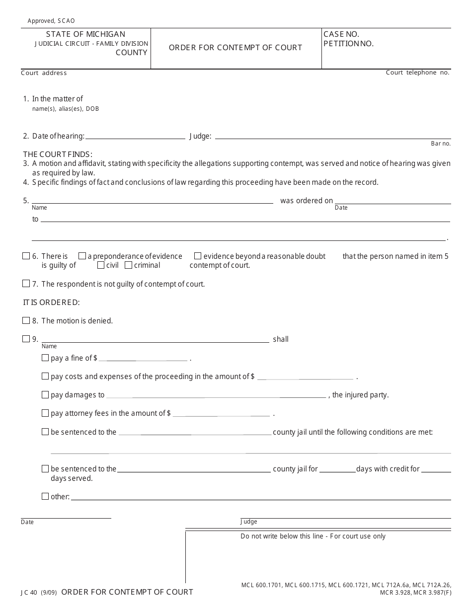 Form JC40 Download Fillable PDF or Fill Online Order for Contempt of