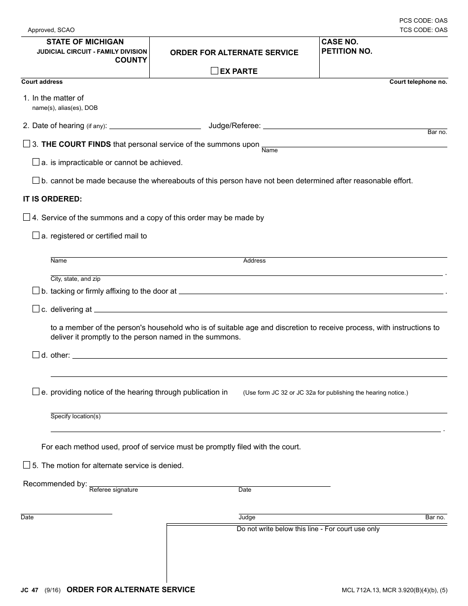 Form JC47 Order for Alternate Service - Michigan, Page 1