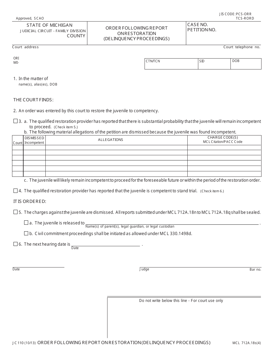 Form JC110 - Fill Out, Sign Online and Download Fillable PDF, Michigan ...