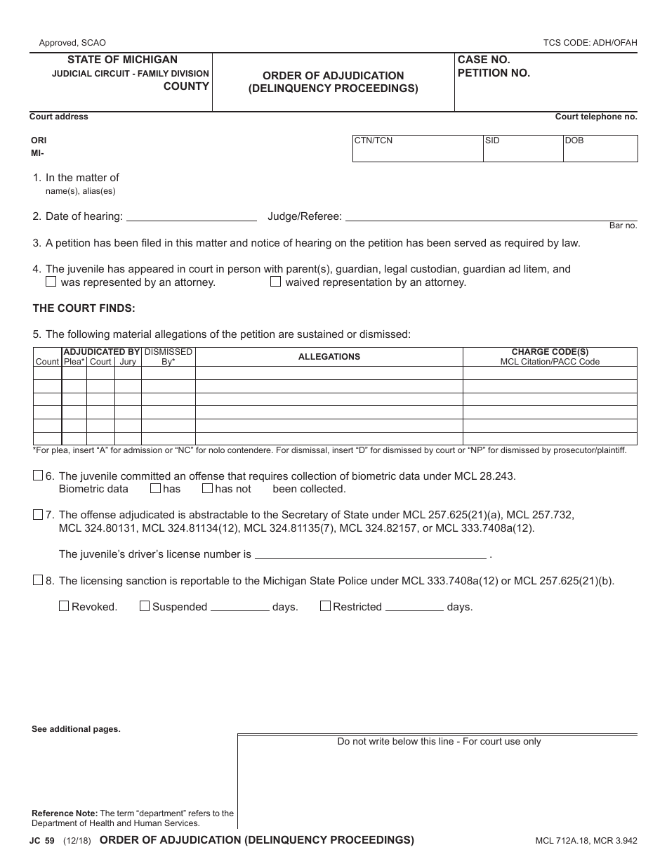 Form Jc59 Download Fillable Pdf Or Fill Online Order Of Adjudication