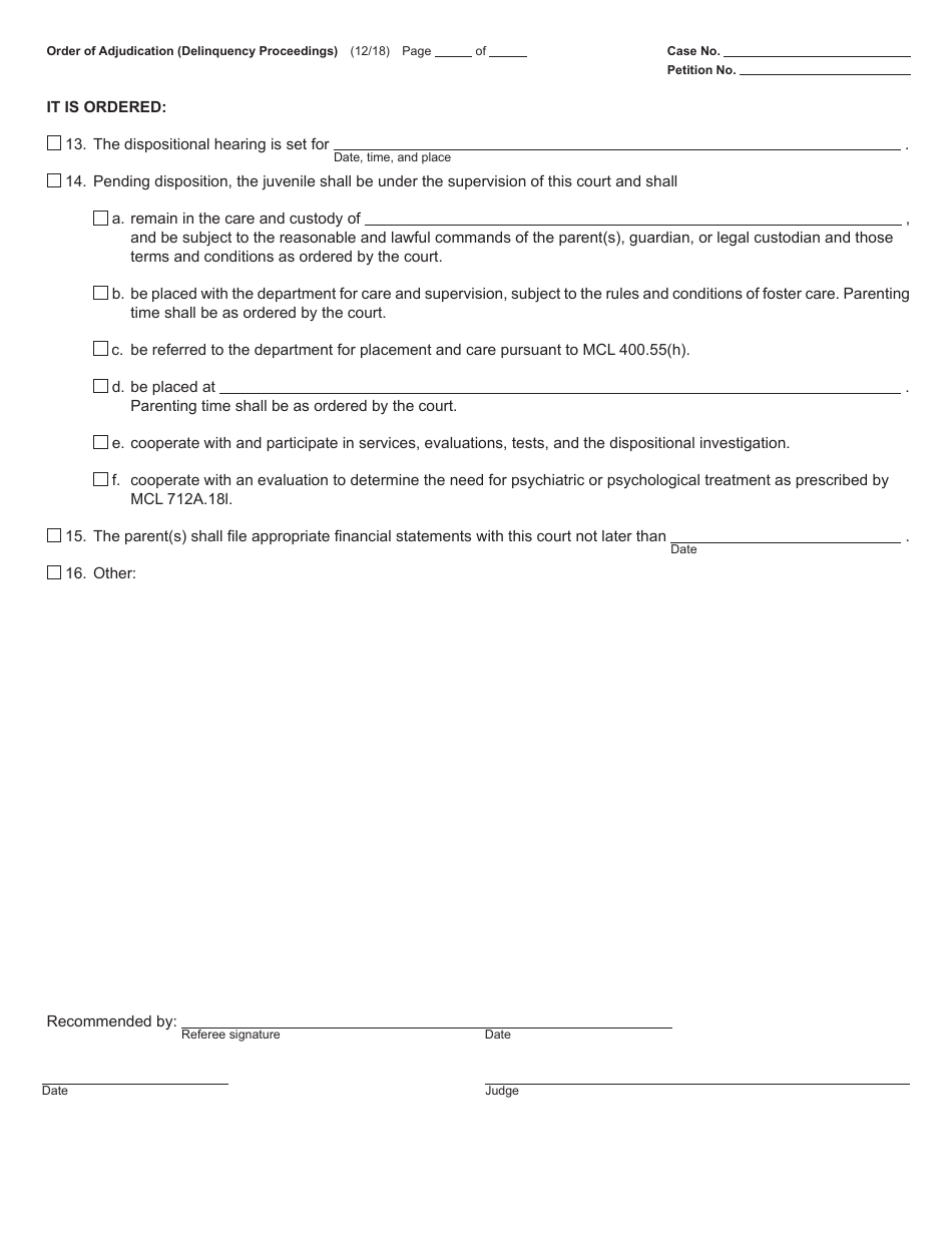 Form JC59 Order of Adjudication (Delinquency Proceedings) - Michigan, Page 3
