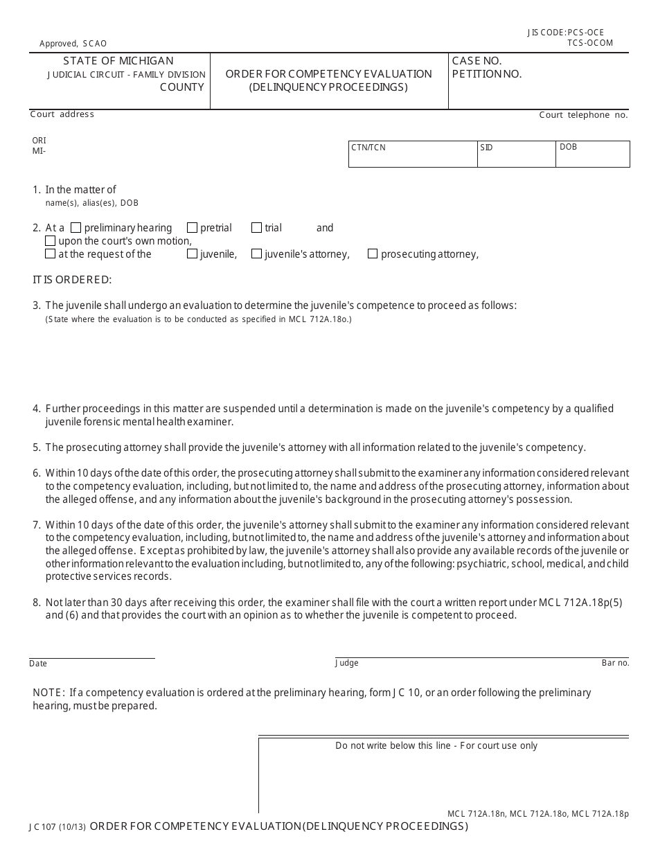 Form JC107 Order for Competency Evaluation (Delinquency Proceedings) - Michigan, Page 1