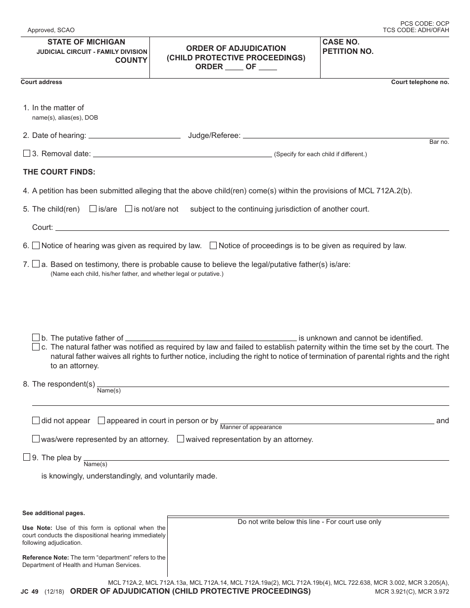 Form JC49 Order of Adjudication (Child Protective Proceedings) - Michigan, Page 1