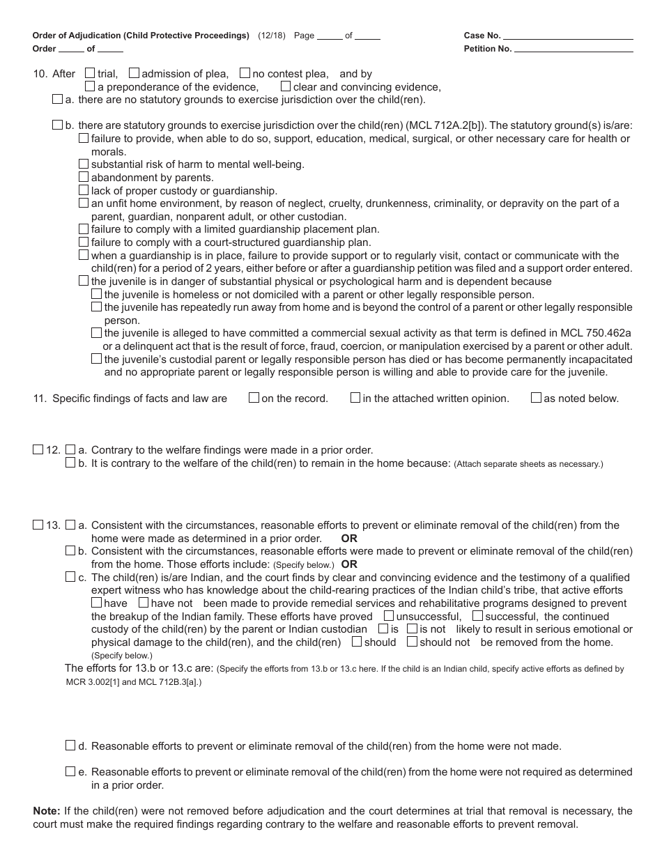 Form JC49 Order of Adjudication (Child Protective Proceedings) - Michigan, Page 2