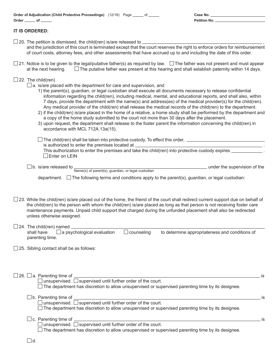 Form JC49 Order of Adjudication (Child Protective Proceedings) - Michigan, Page 4
