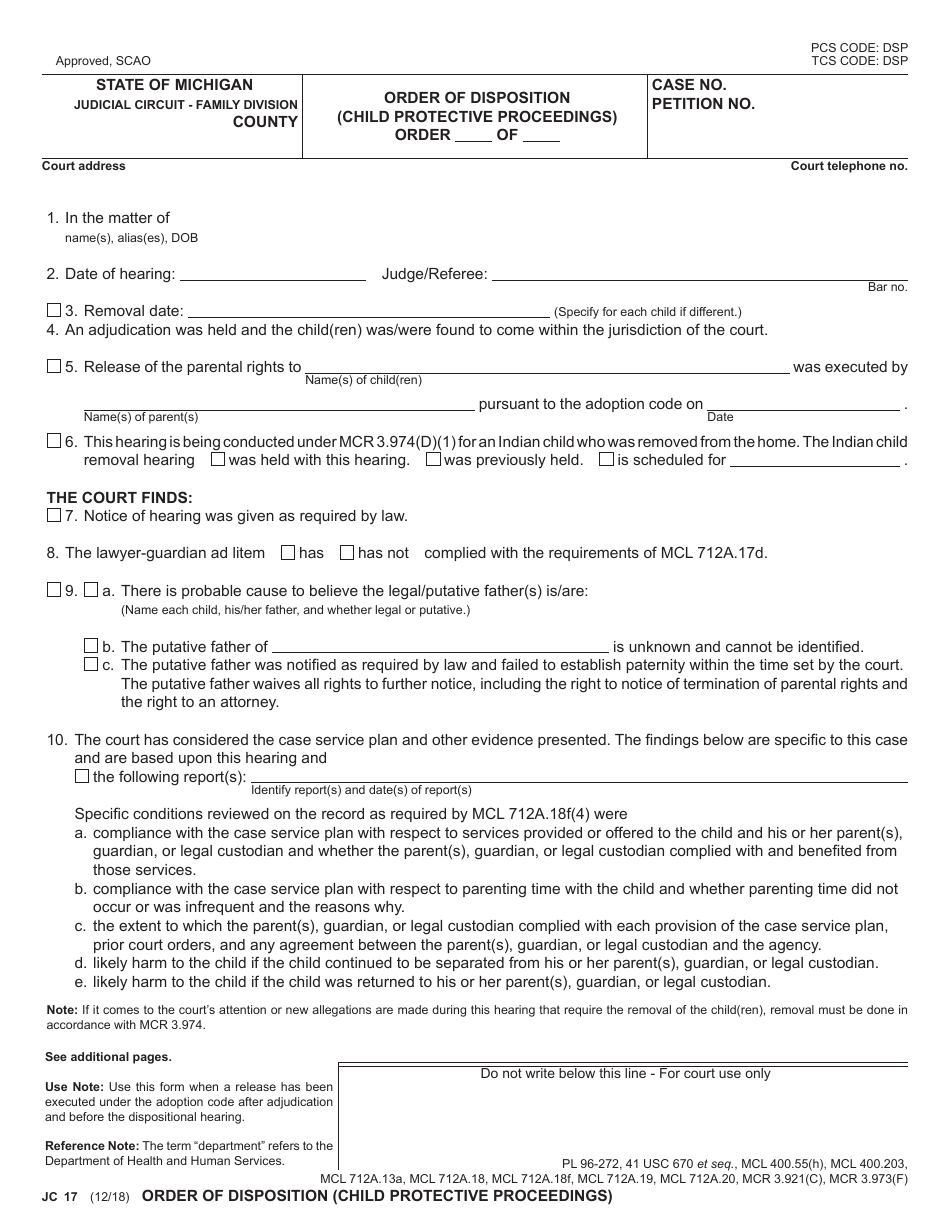 Form JC17 Order of Disposition (Child Protective Proceedings) - Michigan, Page 1