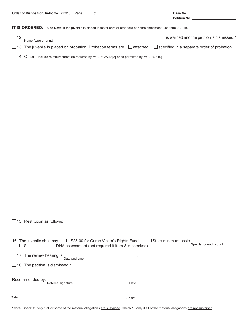 Form JC14A Order of Disposition, in-Home (Delinquency Proceedings) - Michigan, Page 2