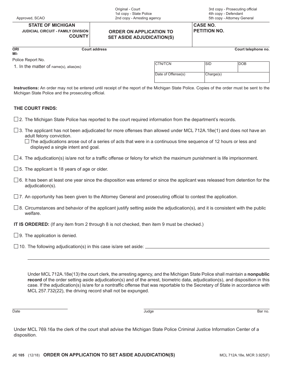 Form JC105 Order on Application to Set Aside Adjudication(S) - Michigan, Page 1