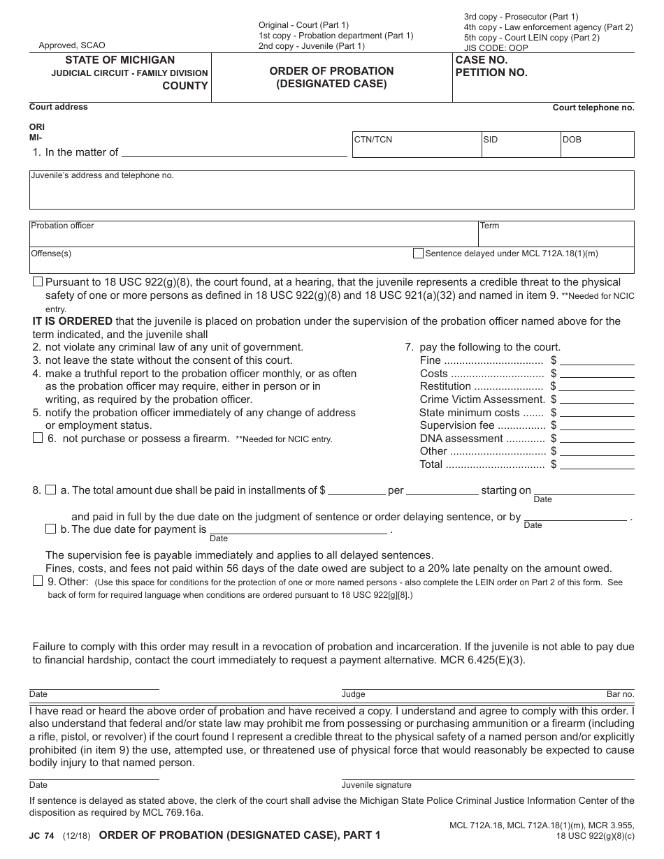 Form JC74 Download Fillable PDF or Fill Online Order of Probation ...