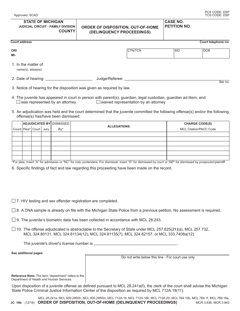 Form JC14B Order of Disposition, out-Of-Home (Delinquency Proceedings) - Michigan, Page 1