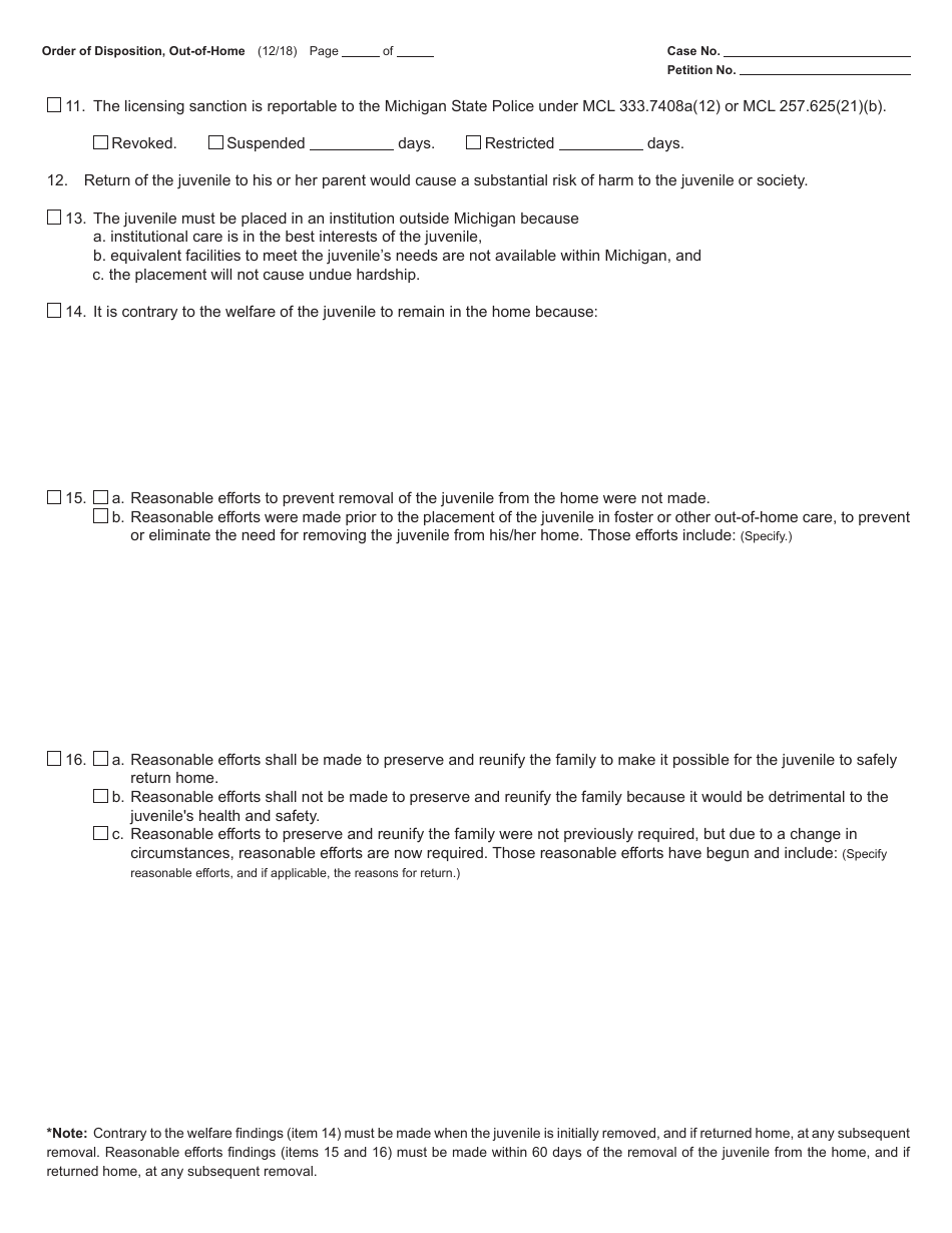 Form JC14B Order of Disposition, out-Of-Home (Delinquency Proceedings) - Michigan, Page 2