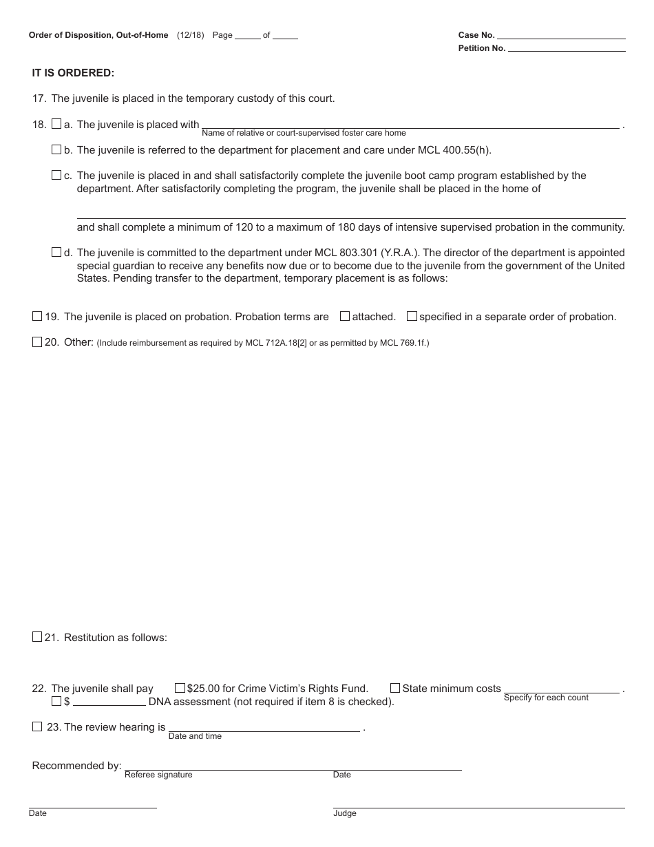Form JC14B Order of Disposition, out-Of-Home (Delinquency Proceedings) - Michigan, Page 3