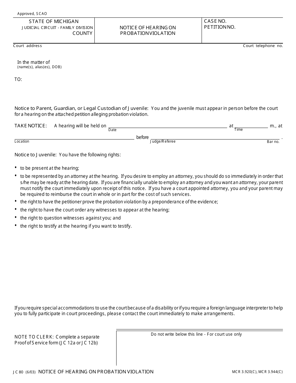 Form JC80 Notice of Hearing on Probation Violation - Michigan, Page 1