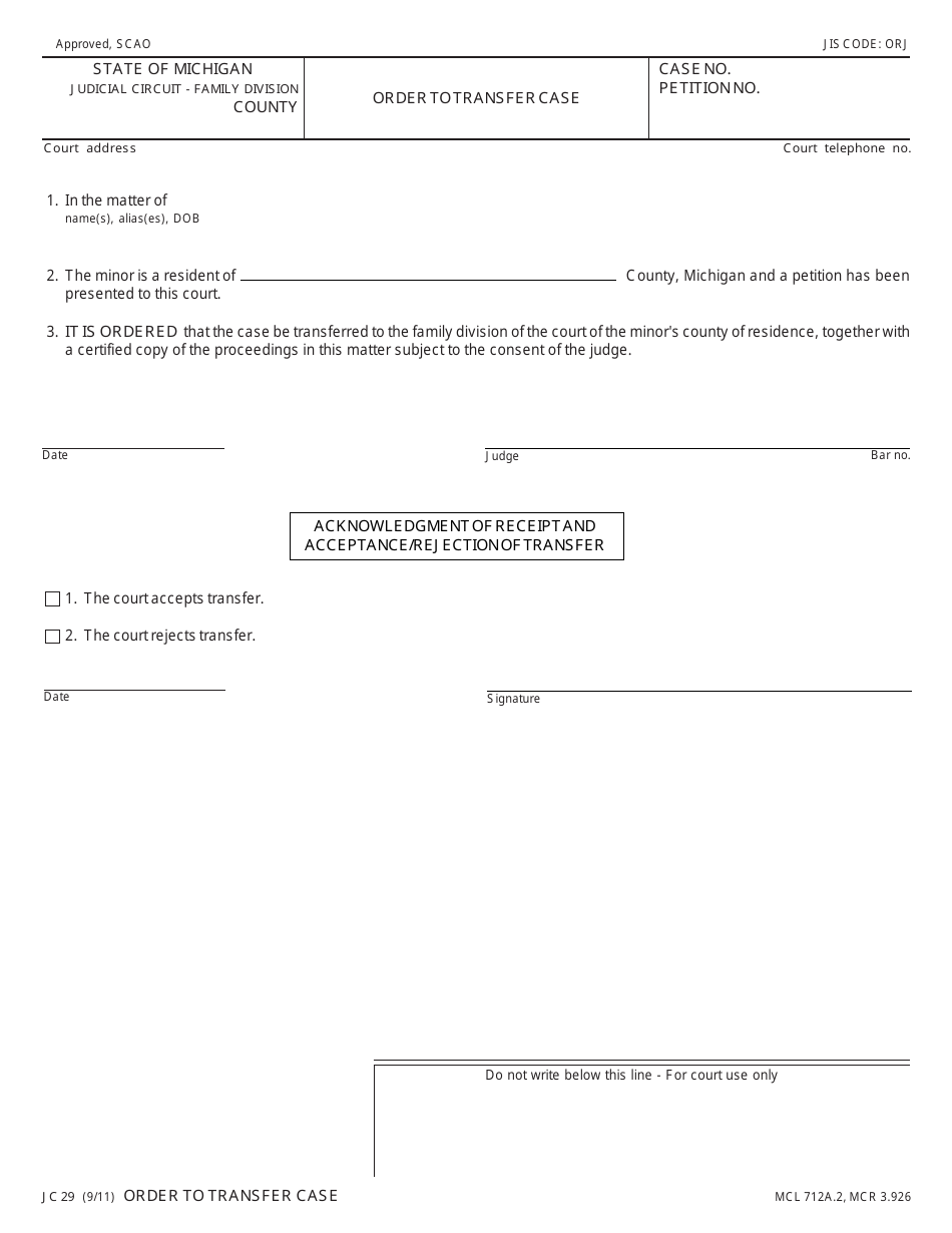 Form JC29 Order to Transfer Case - Michigan, Page 1